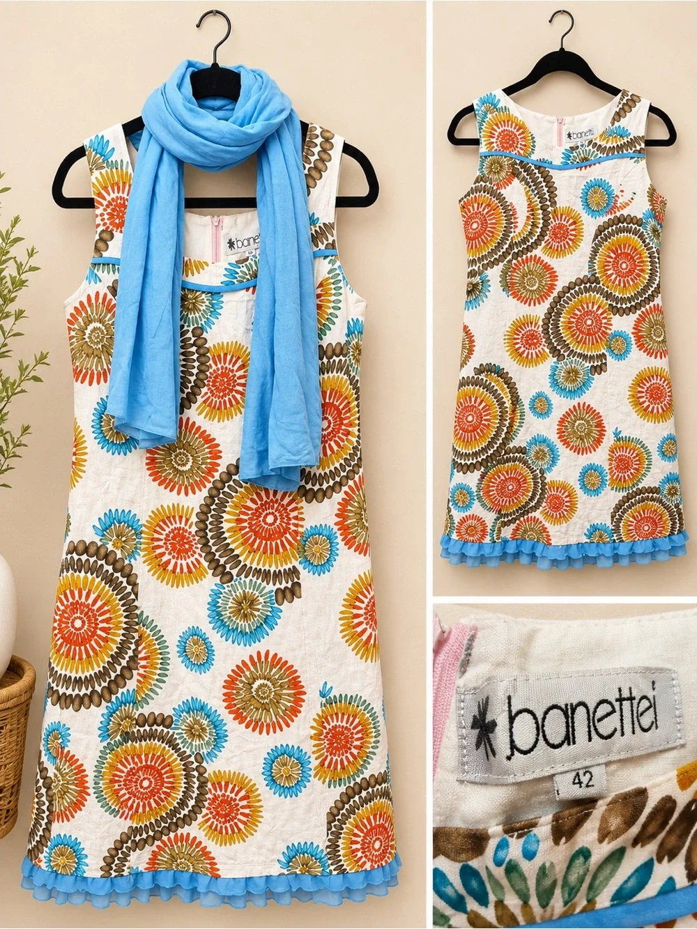 Banettei Girls' White Floral Circle Print Dress with Blue Scarf